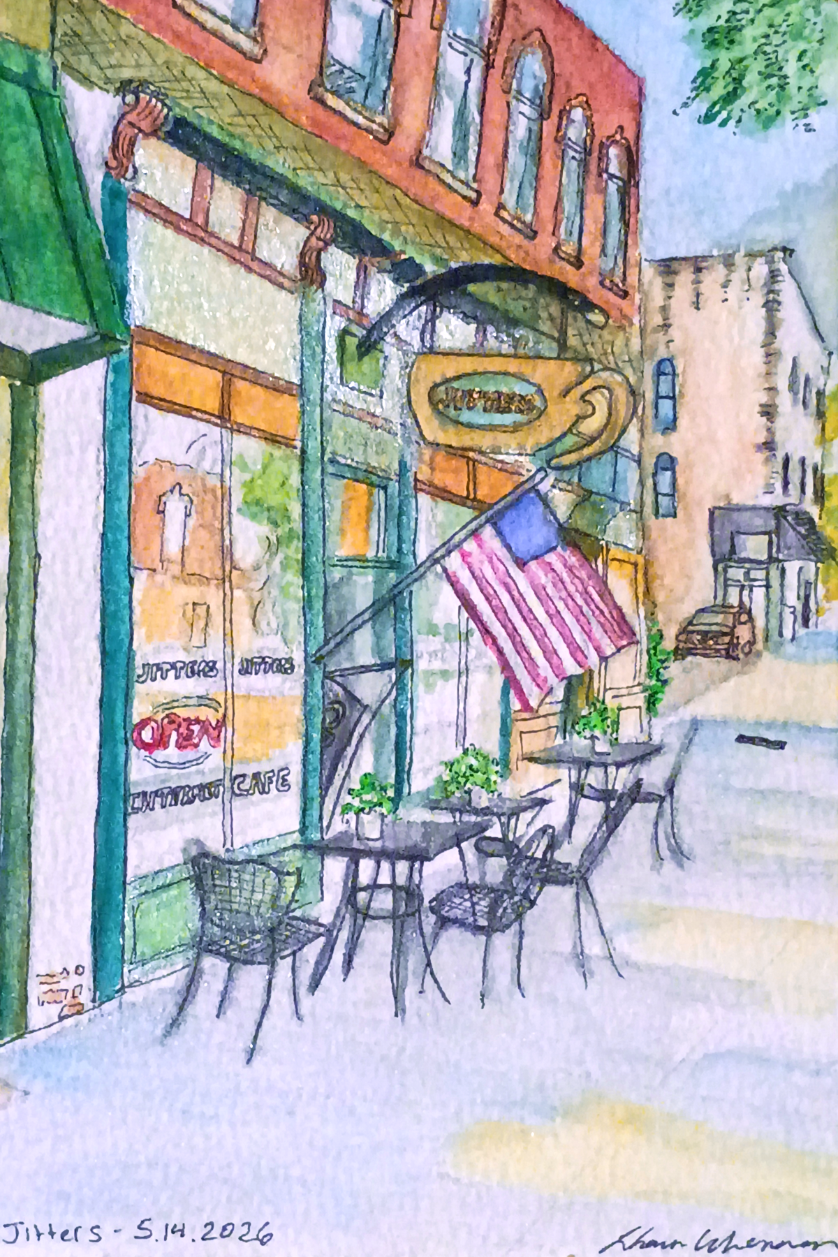 Outside Jitters Coffeehouse - Watercolor Print | DrawDadDraw