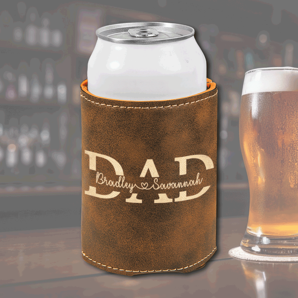 Personalized Premium Leather Koozie - Dad Split Name DrawDadDraw